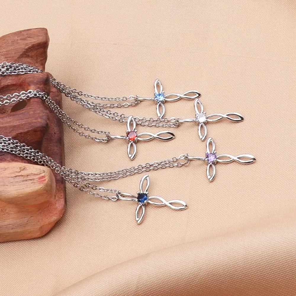 UEUC Silver Birth Stones Cross Necklace for Women Infinity Heart Religious Faith Zircon Cross Necklace for Ladies Jewelry Gifts 18 2 Chain