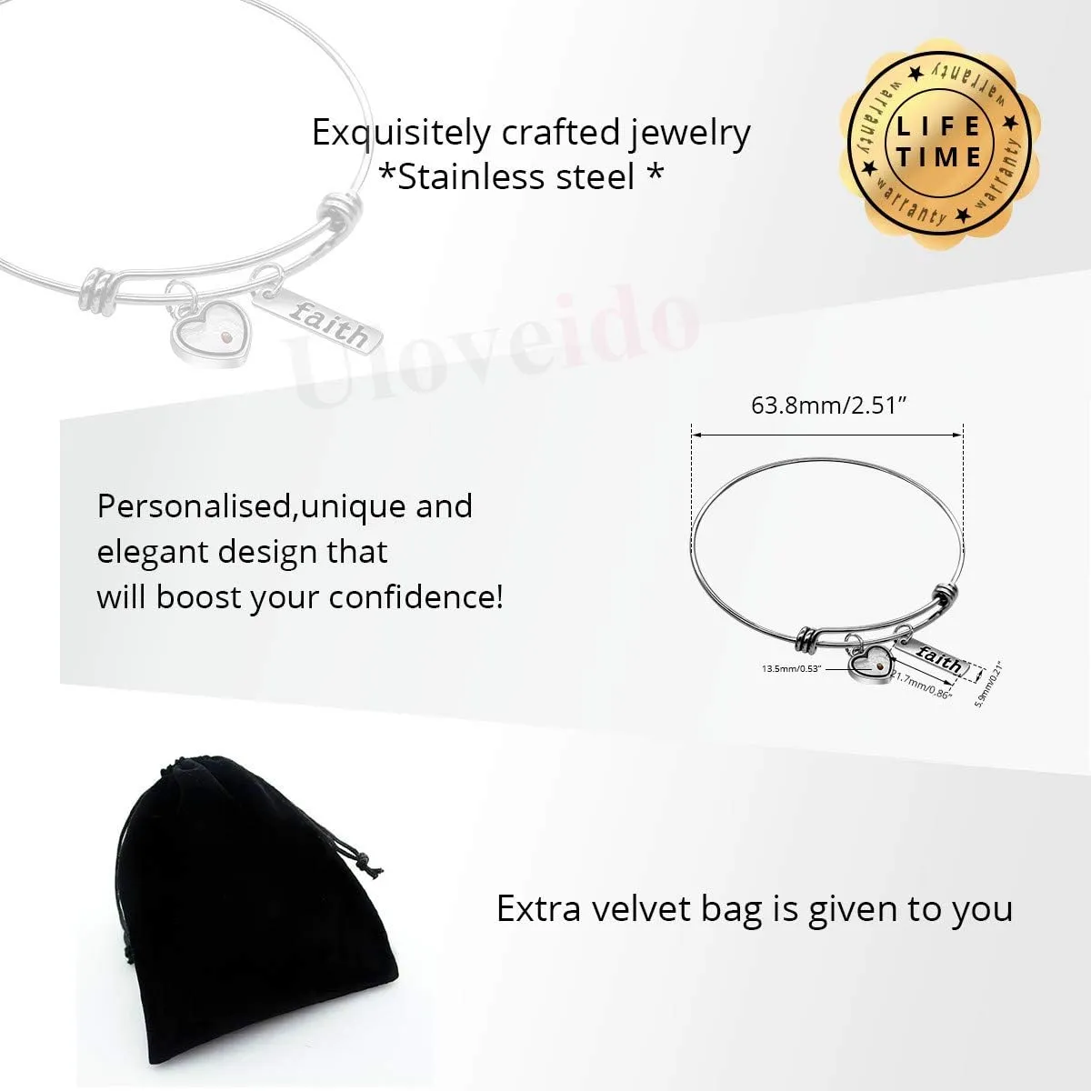 Uloveido 2.5 Inch Stainless Steel Faith Bangle Real Mustard Seed Bracelets Charm Jewelry for Christian Inspirational Gift Y558