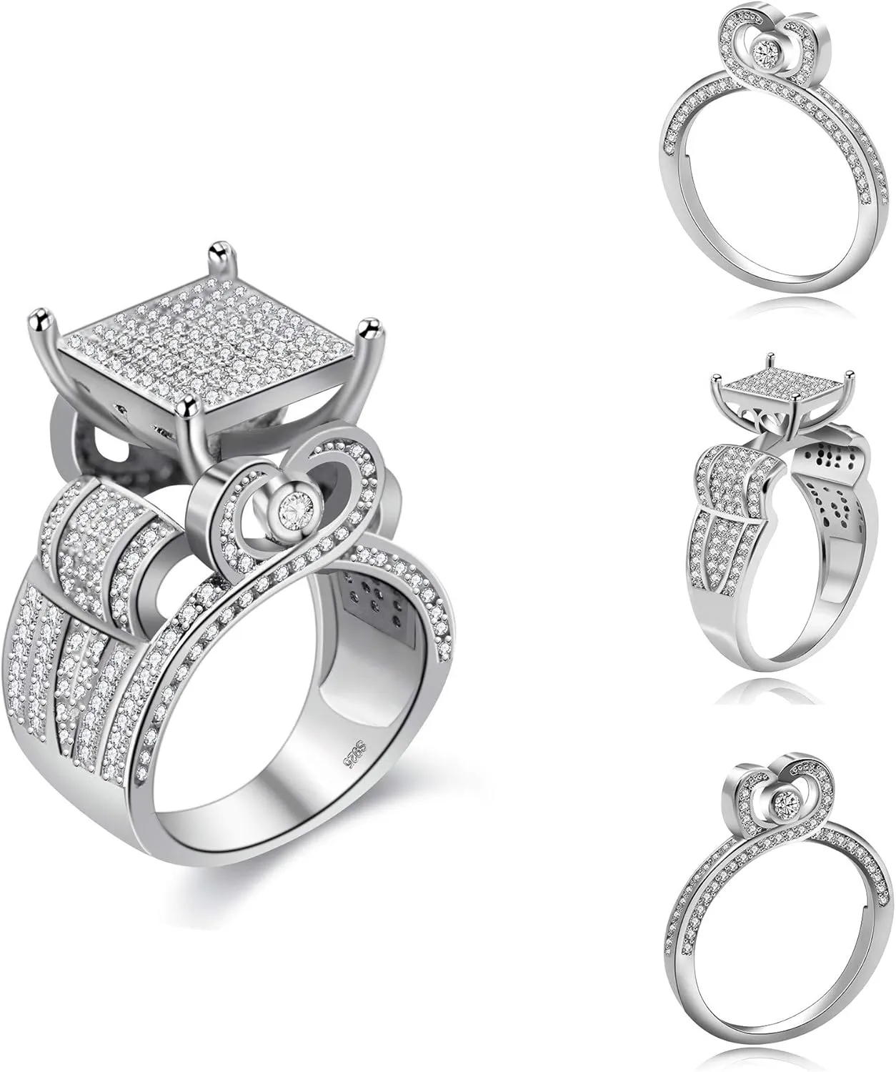 Uloveido 3 Pieces Bridal Stacking Rings Set Wedding Engagement Heart Rings Set Platinum Plated Jewelry Stacking Rings Set for Women Female Anniversary Ring Gift with Cubic Zirconia Stones Y451