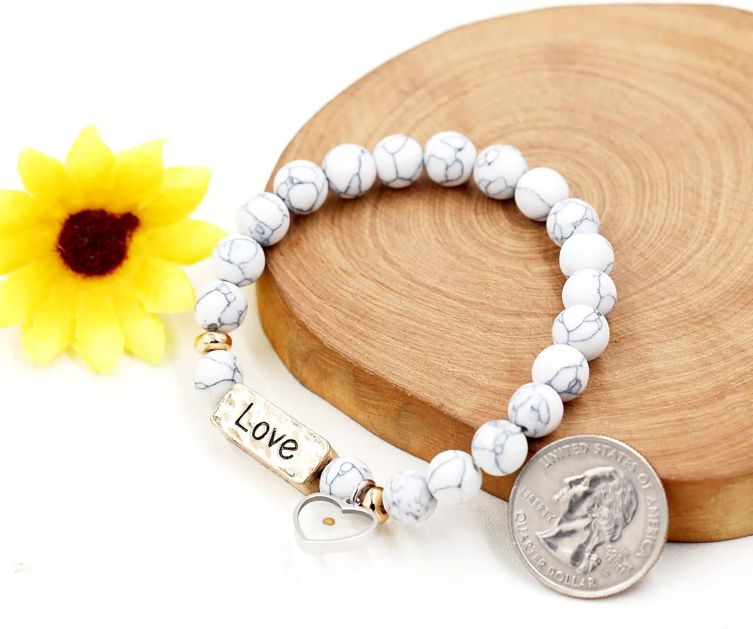 Uloveido Natural White Turquoise Green Pink Stone Powerful Encouragement Bracelets Charms Heart Mustard Seed Stretch Bracelet for Women Y1997