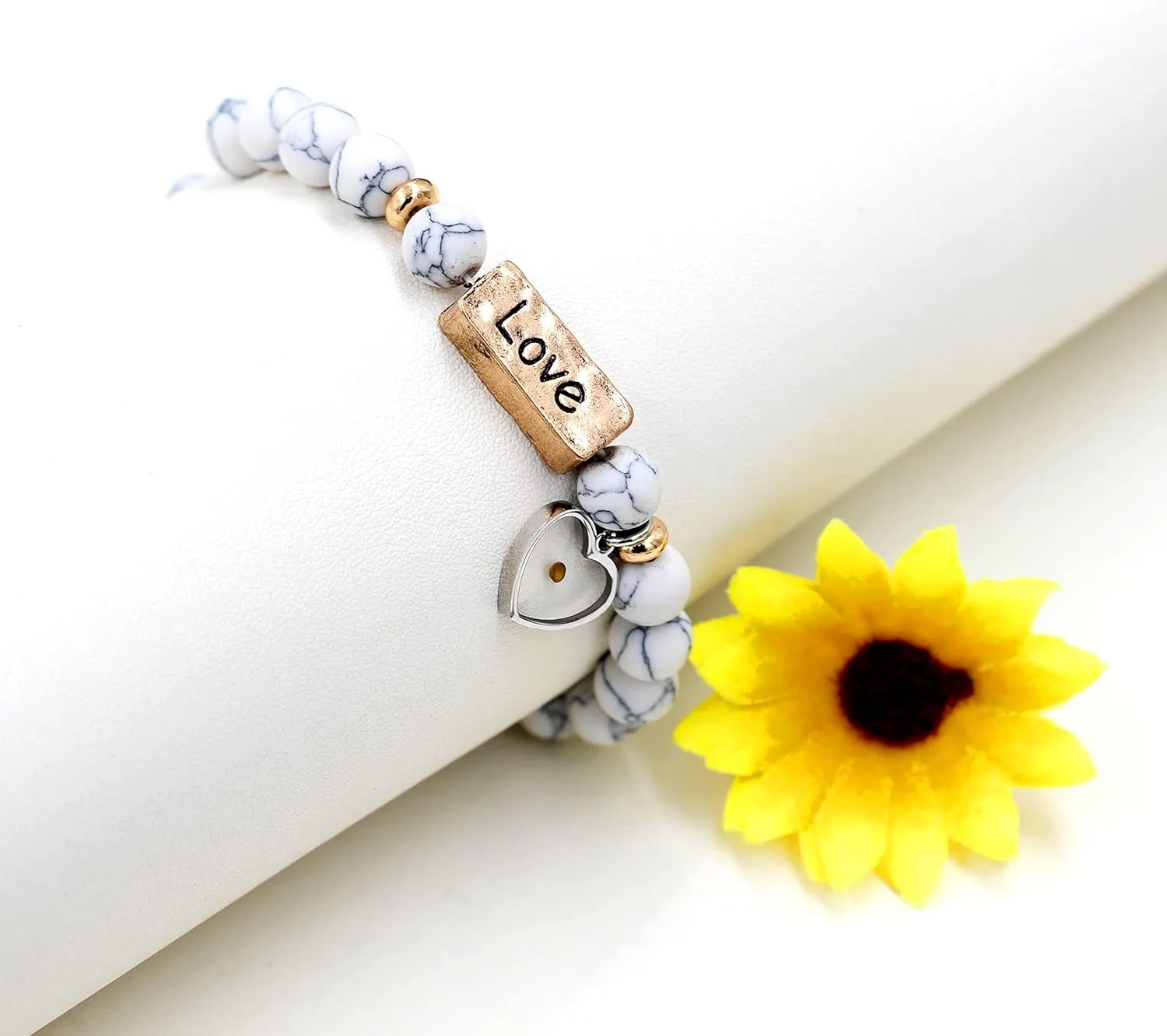Uloveido Natural White Turquoise Green Pink Stone Powerful Encouragement Bracelets Charms Heart Mustard Seed Stretch Bracelet for Women Y1997
