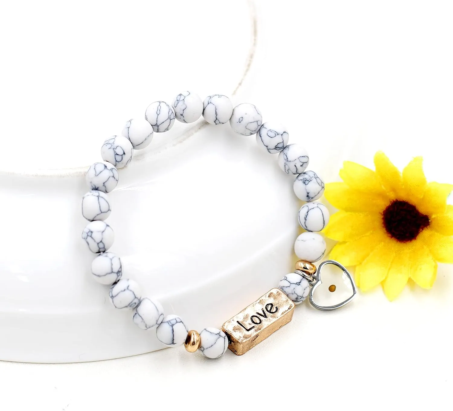 Uloveido Natural White Turquoise Green Pink Stone Powerful Encouragement Bracelets Charms Heart Mustard Seed Stretch Bracelet for Women Y1997