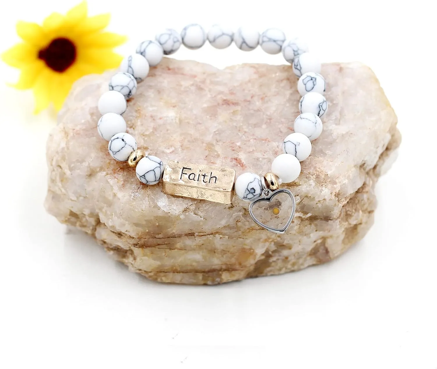 Uloveido Natural White Turquoise Green Pink Stone Powerful Encouragement Bracelets Charms Heart Mustard Seed Stretch Bracelet for Women Y1997
