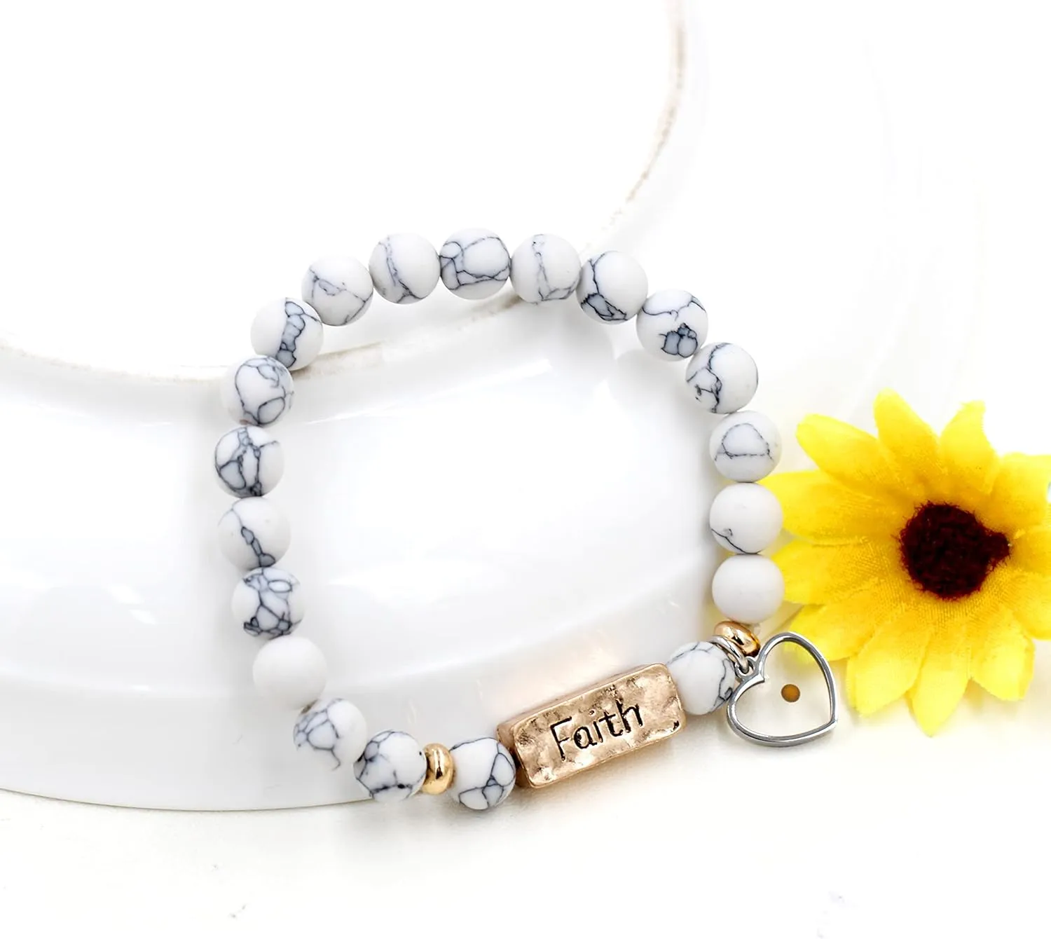 Uloveido Natural White Turquoise Green Pink Stone Powerful Encouragement Bracelets Charms Heart Mustard Seed Stretch Bracelet for Women Y1997