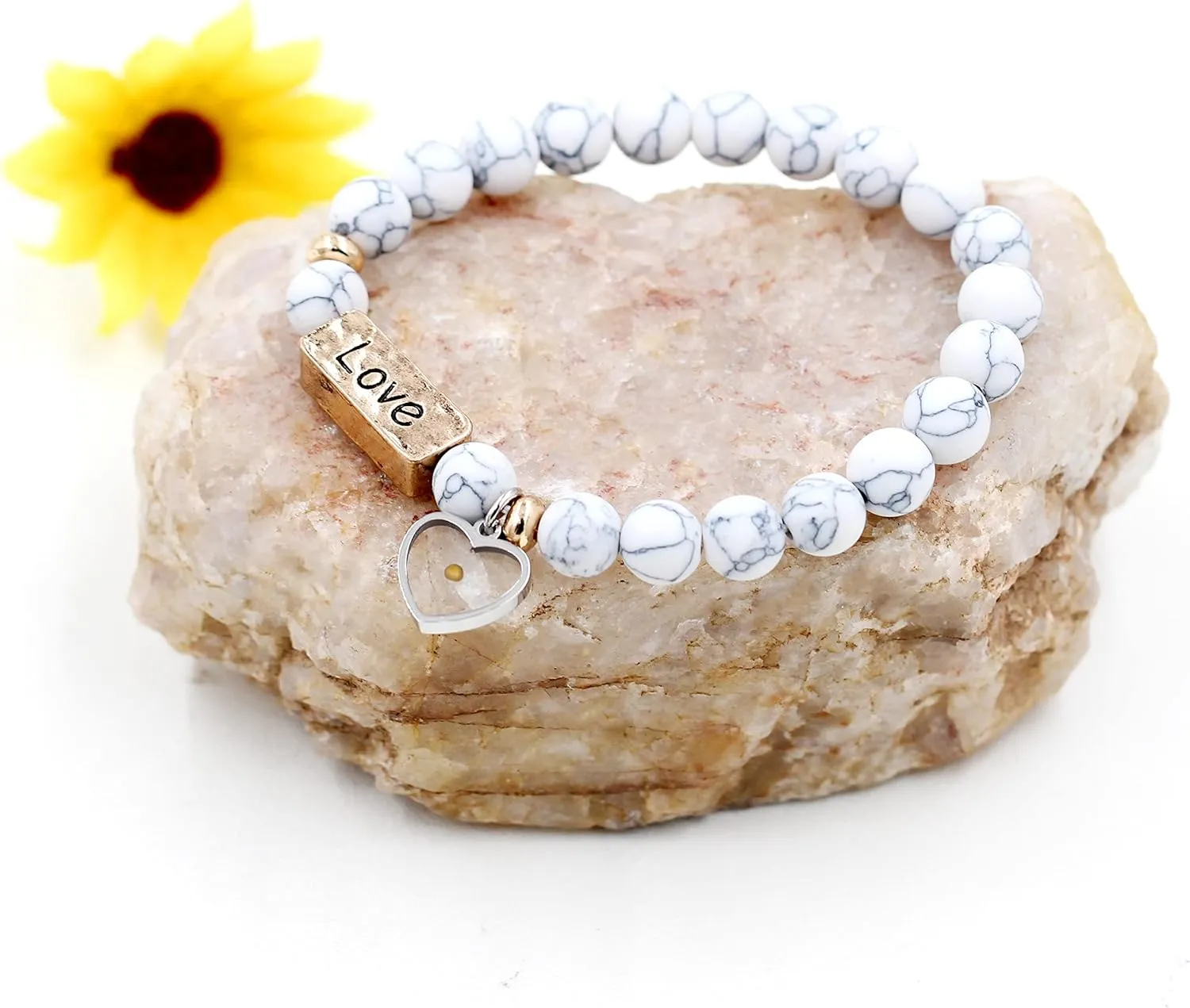 Uloveido Natural White Turquoise Green Pink Stone Powerful Encouragement Bracelets Charms Heart Mustard Seed Stretch Bracelet for Women Y1997