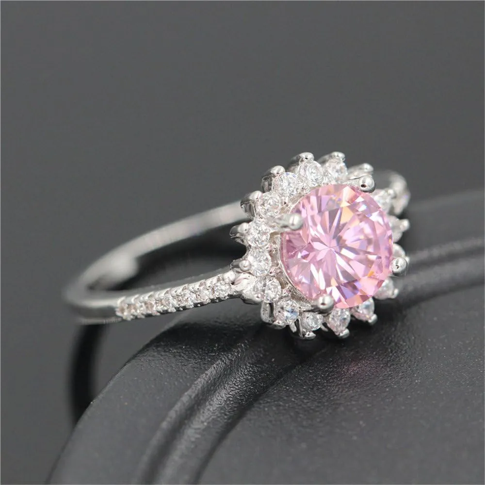 Uloveido Platinum Plated Pink Round Cubic Zirconia Sun Flower Rings for Women Y3522