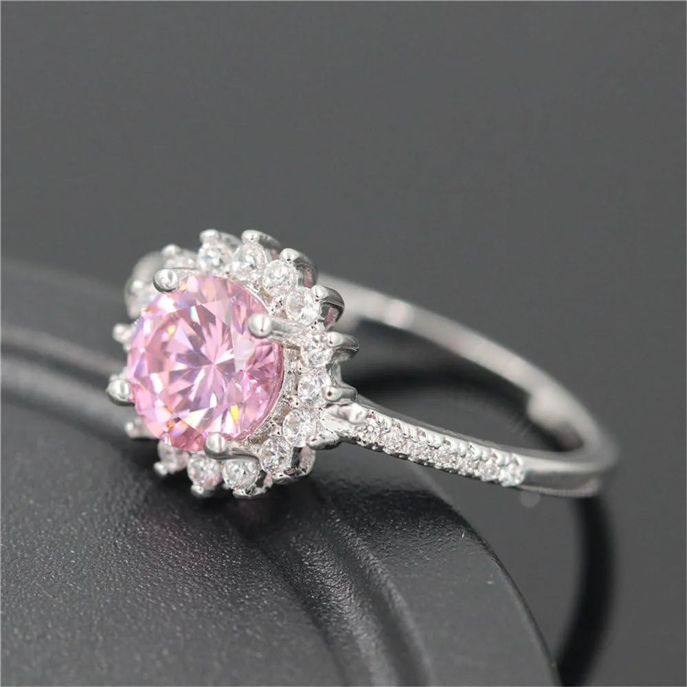 Uloveido Platinum Plated Pink Round Cubic Zirconia Sun Flower Rings for Women Y3522