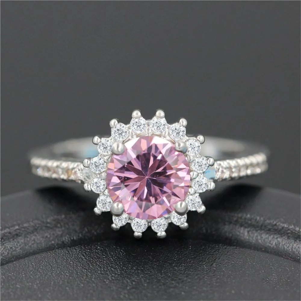 Uloveido Platinum Plated Pink Round Cubic Zirconia Sun Flower Rings for Women Y3522