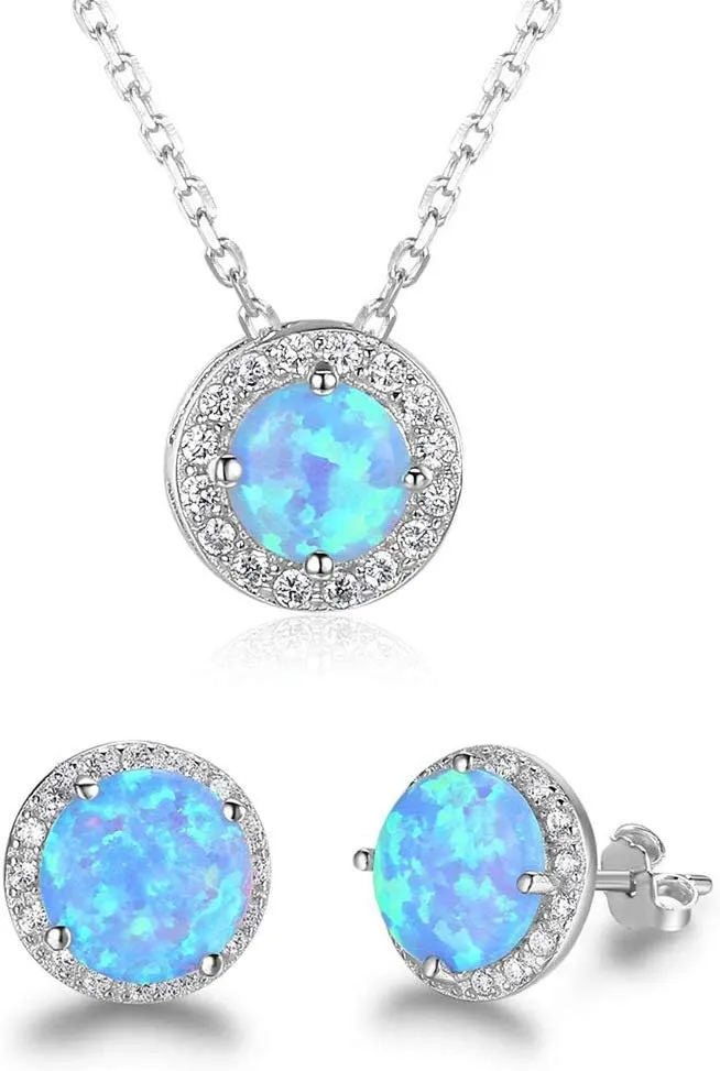 Uloveido White Gold Plated Austrian Blue Crystal Studs Earrings and Pendant Necklace for Women Girls Anniversary Wedding Birthday Jewelry Set Y584