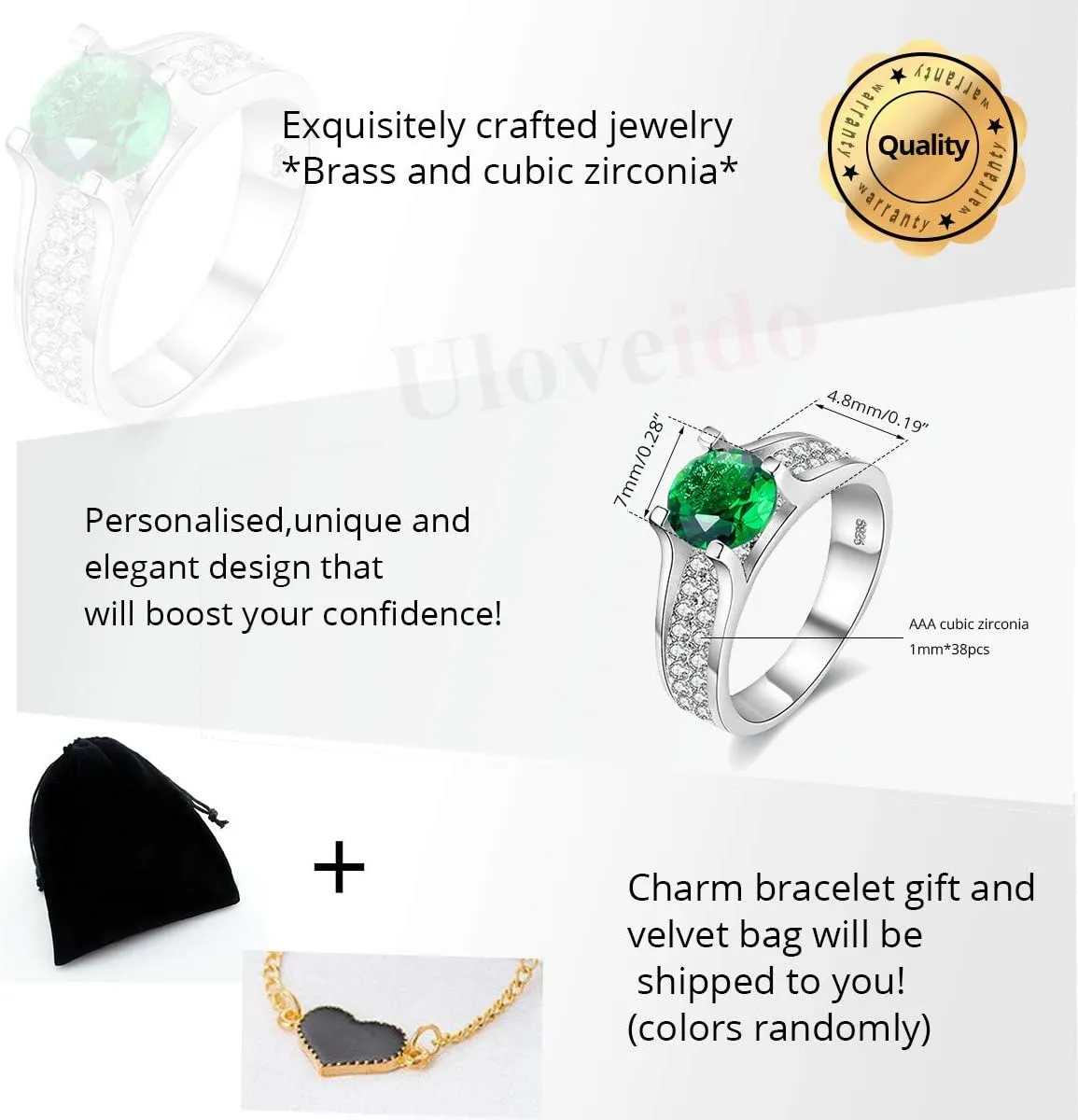 Uloveido Women's Platinum Plated Round Cut AAA Cubic Zirconia Wedding Band Promise Ring for Her with Birthstone Y006