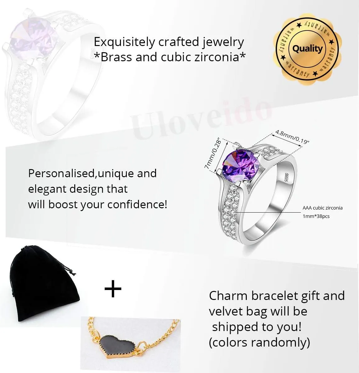 Uloveido Women's Platinum Plated Round Cut AAA Cubic Zirconia Wedding Band Promise Ring for Her with Birthstone Y006