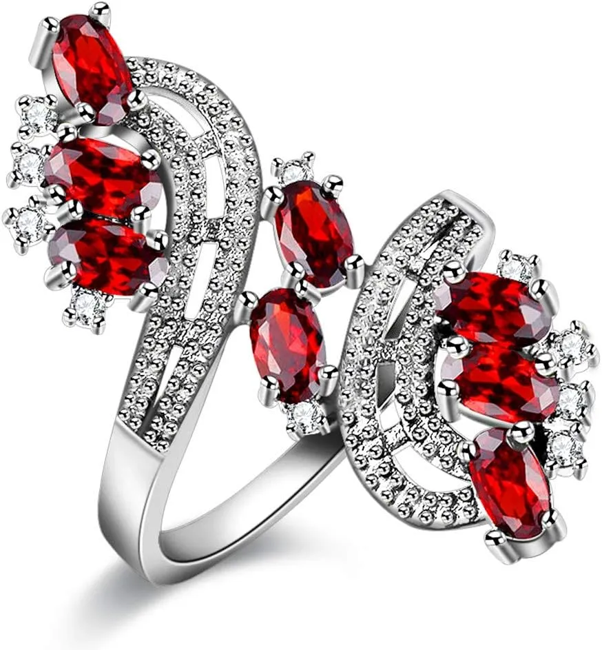 Uloveido Women's Punk Black Wedding Rings Oval and Round Cut Red White Cubic Zirconia Rhinestones Open Tail Anniversary Jewelry J656