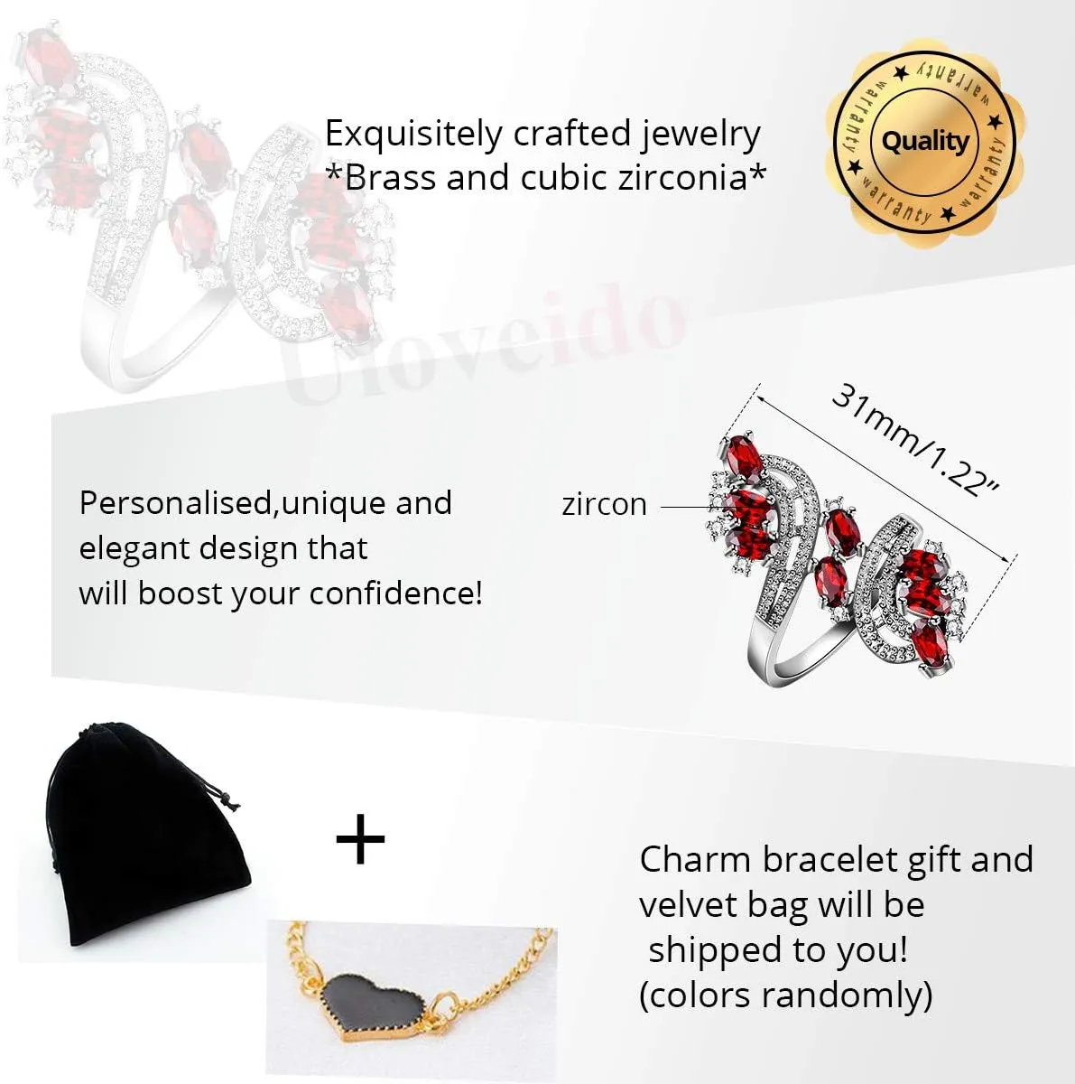 Uloveido Women's Punk Black Wedding Rings Oval and Round Cut Red White Cubic Zirconia Rhinestones Open Tail Anniversary Jewelry J656