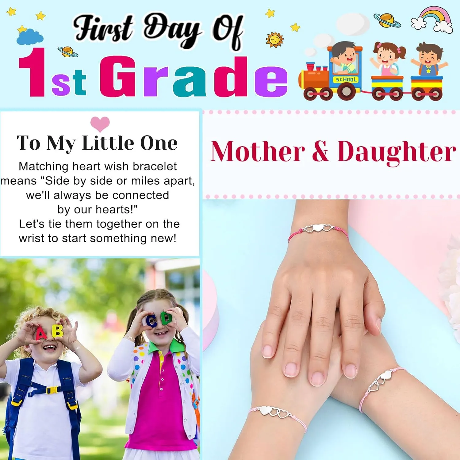 UNGENT THEM Back to School Bracelet Mommy and Me First Day of School Bracelet Matching Heart Mother Daughter Bracelets Set for Daughter Girls