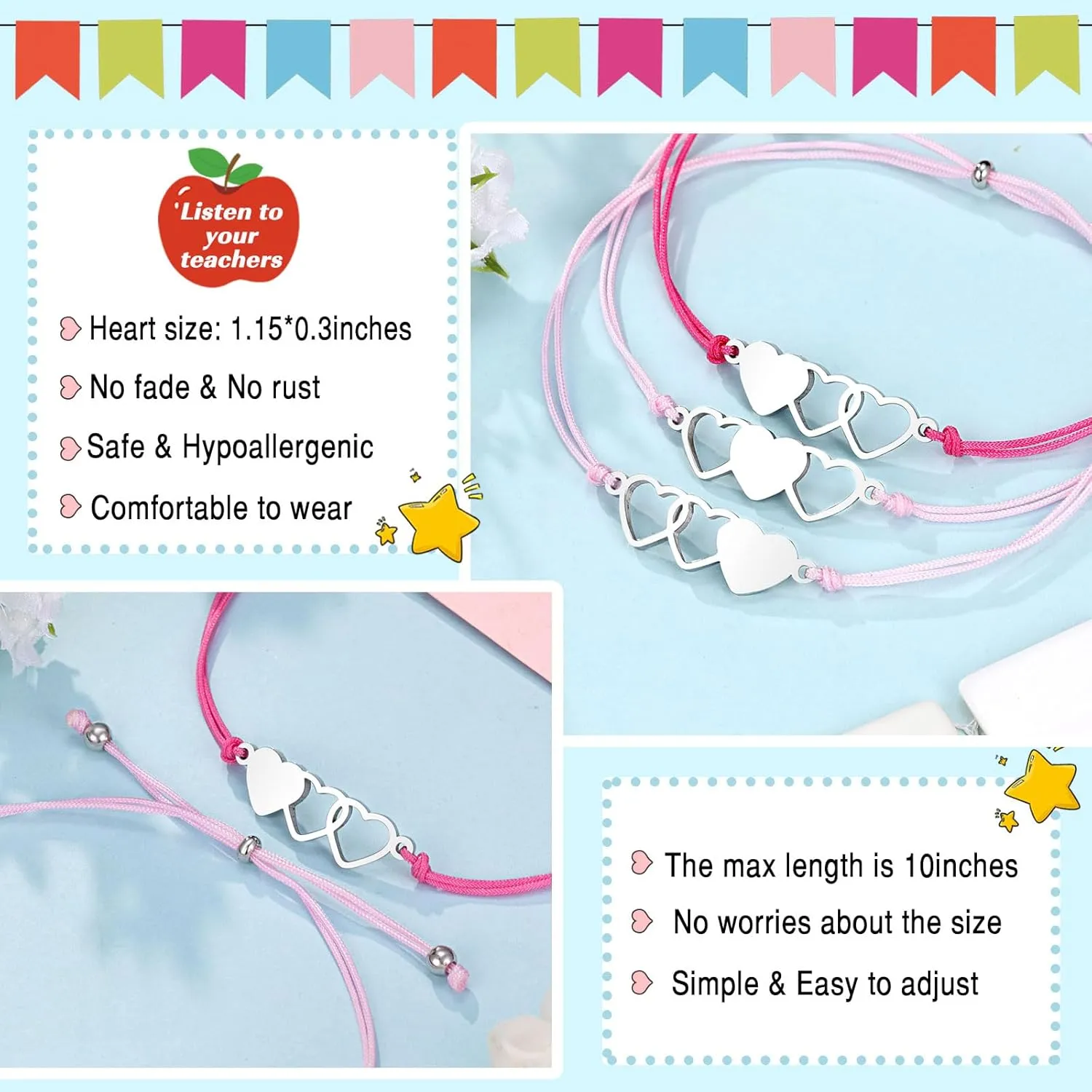 UNGENT THEM Back to School Bracelet Mommy and Me First Day of School Bracelet Matching Heart Mother Daughter Bracelets Set for Daughter Girls