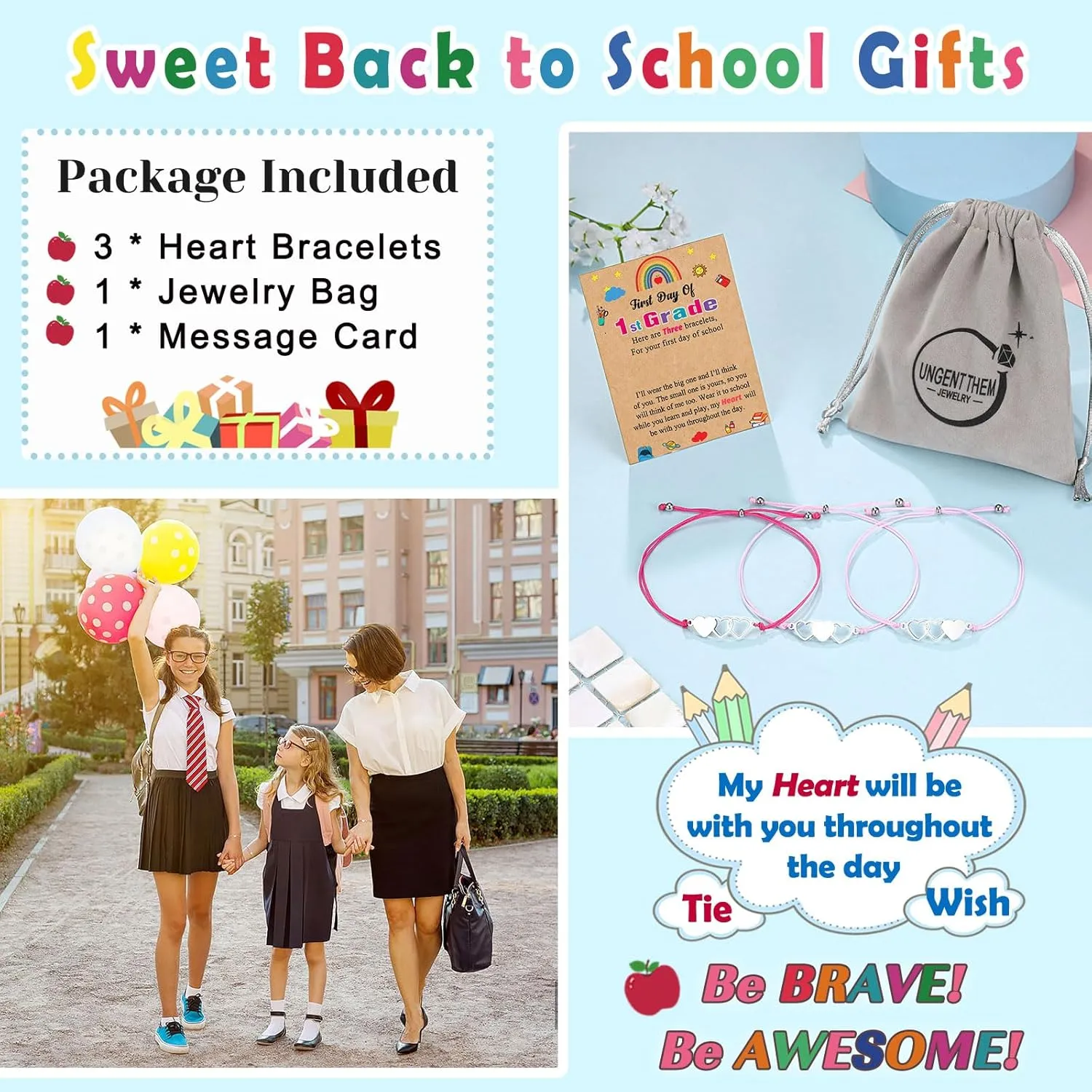 UNGENT THEM Back to School Bracelet Mommy and Me First Day of School Bracelet Matching Heart Mother Daughter Bracelets Set for Daughter Girls