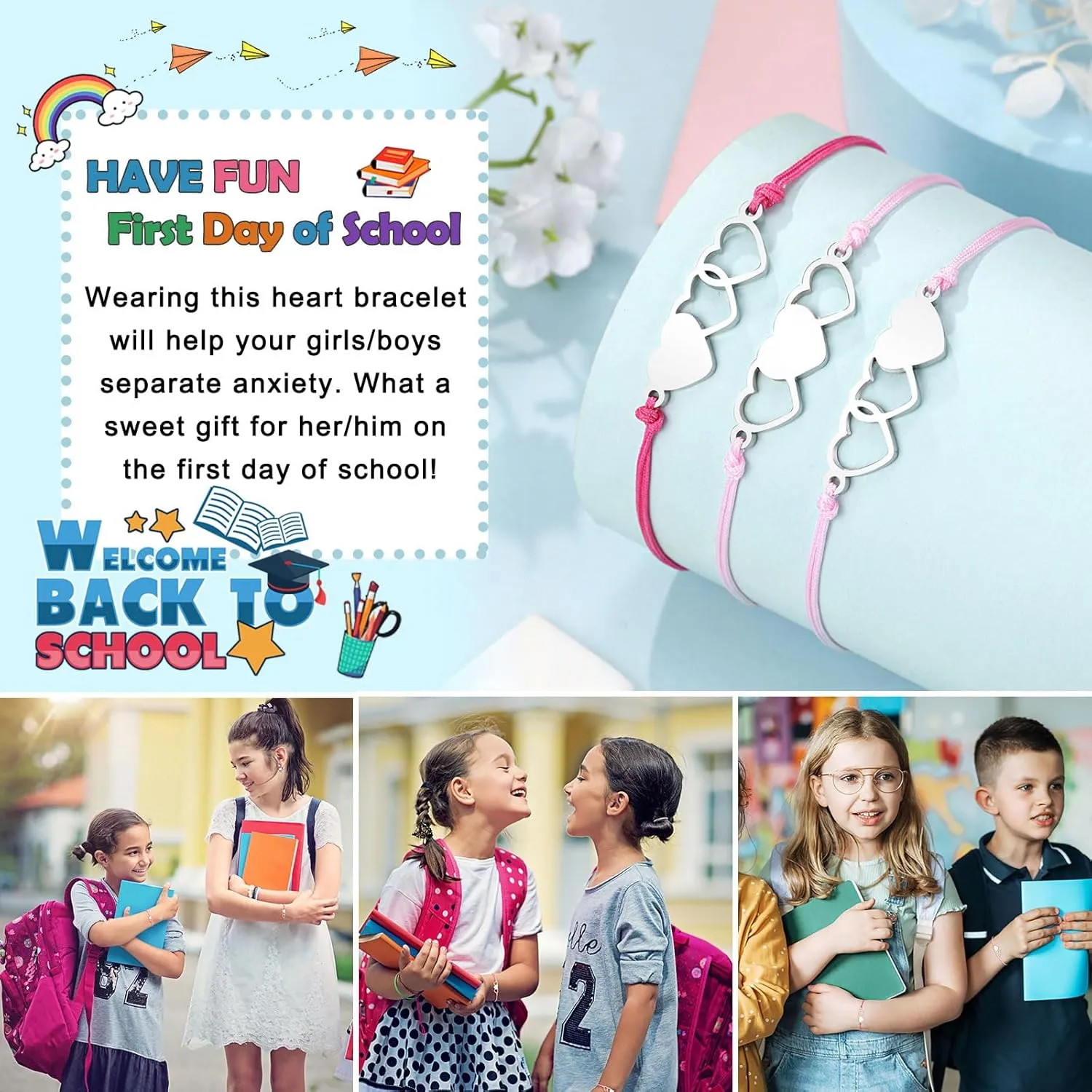 UNGENT THEM Back to School Bracelet Mommy and Me First Day of School Bracelet Matching Heart Mother Daughter Bracelets Set for Daughter Girls