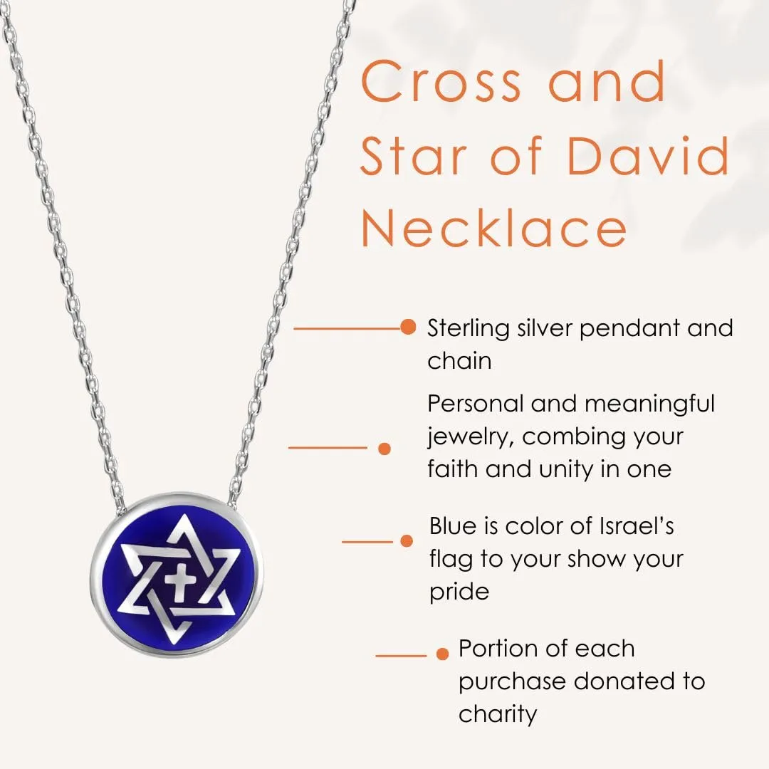 Unity Faith Necklace - Sterling Silver Star of David & Cross Pendant with Israel Blue Enamel