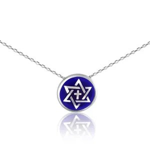 Unity Faith Necklace - Sterling Silver Star of David & Cross Pendant with Israel Blue Enamel
