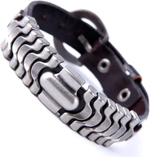Urban Jewelry Powerful Dark Brown Leather Cuff Bracelet with Metal Design and Buckle Clasp (Adjustable)