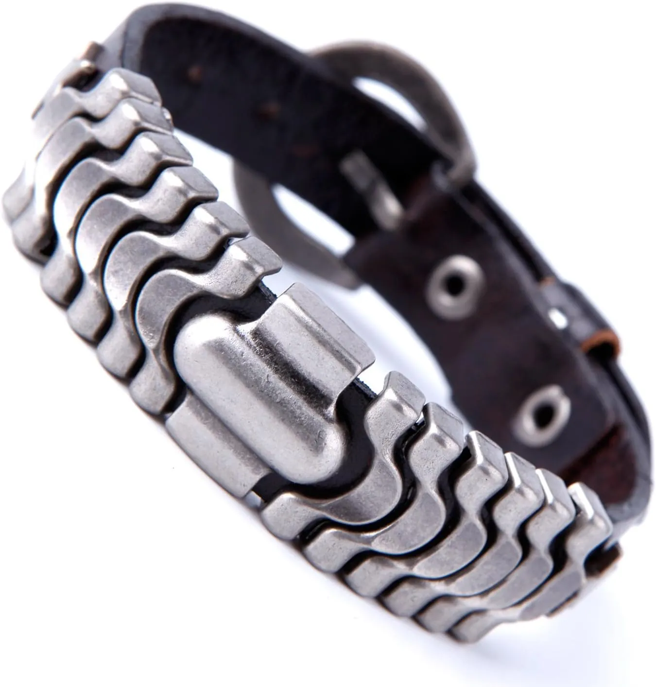 Urban Jewelry Powerful Dark Brown Leather Cuff Bracelet with Metal Design and Buckle Clasp (Adjustable)