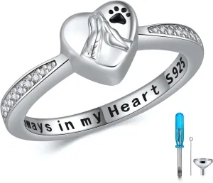 Urn Rings for Ashes 925 Sterling Silver Pets Cremation Ring for Cat Dogs ashes Keepsake Memorial Pet Paw Print Cremation Jewelry for Women Girls