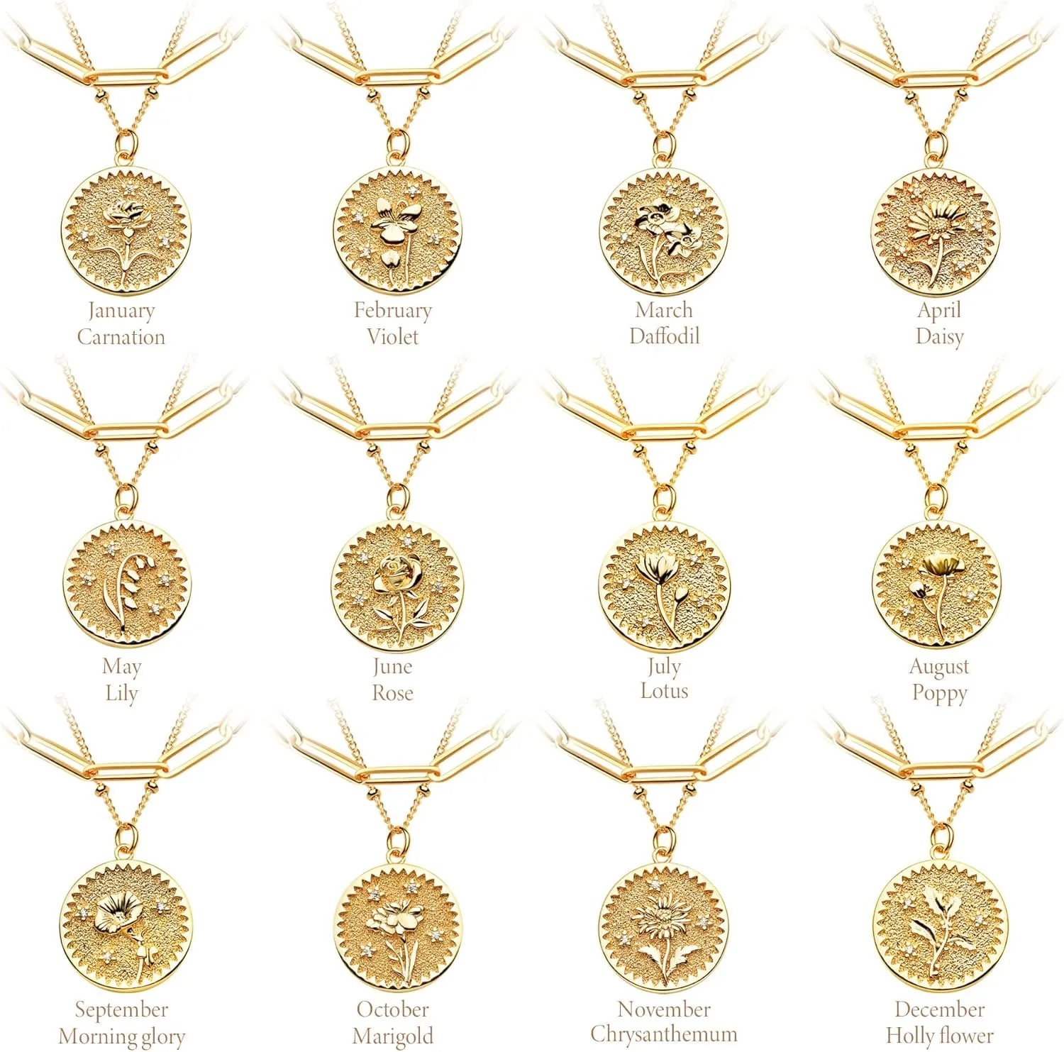 Valloey Rover Gold Layered Coin Necklace for Women Birth Flower Necklace 14K Gold Plated Dainty Carved Floral Pendant Necklace Personalized Engrave Double Layered Month Necklace for Birthday Jewelry