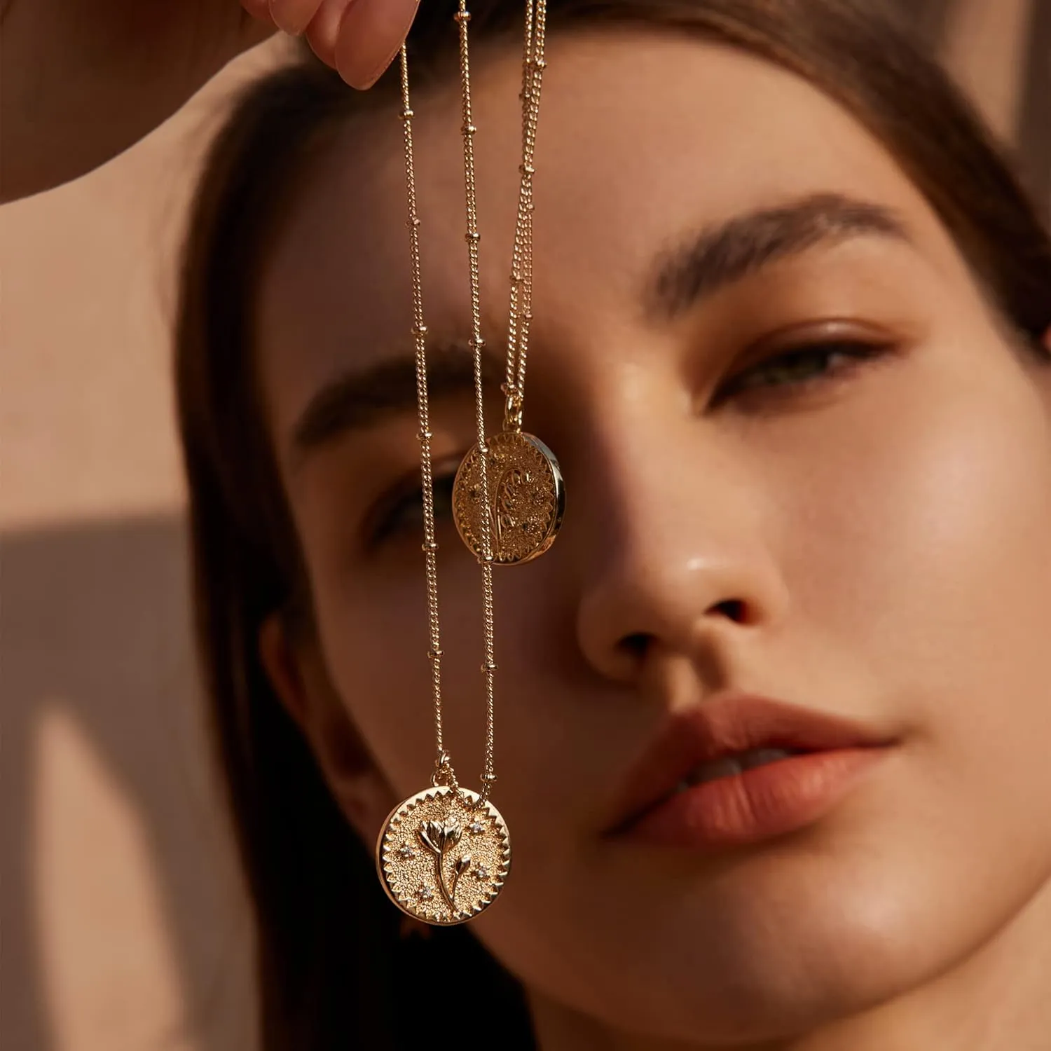 Valloey Rover Gold Layered Coin Necklace for Women Birth Flower Necklace 14K Gold Plated Dainty Carved Floral Pendant Necklace Personalized Engrave Double Layered Month Necklace for Birthday Jewelry