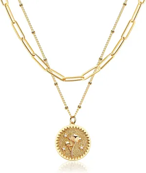 Valloey Rover Gold Layered Coin Necklace for Women Birth Flower Necklace 14K Gold Plated Dainty Carved Floral Pendant Necklace Personalized Engrave Double Layered Month Necklace for Birthday Jewelry