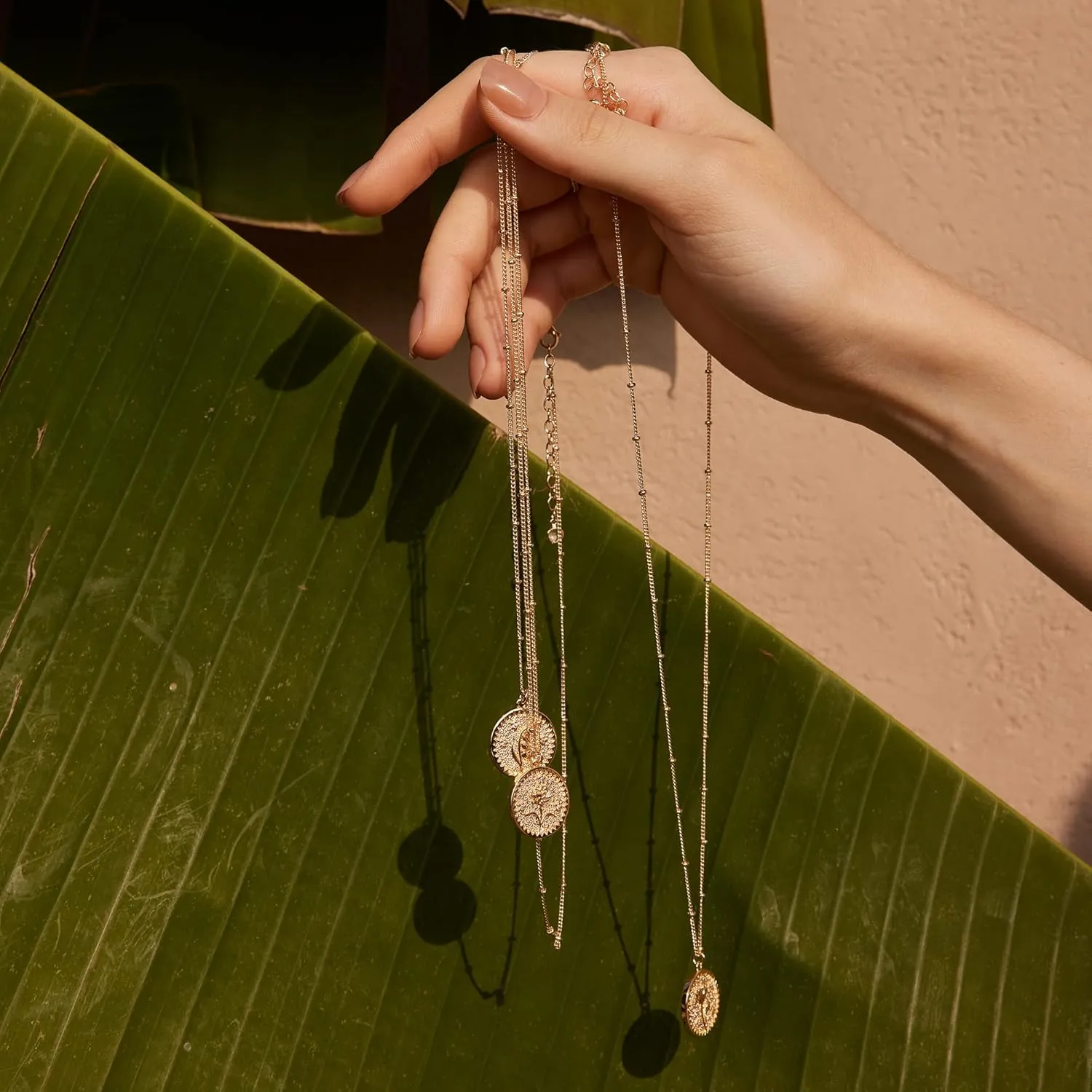 Valloey Rover Gold Layered Coin Necklace for Women Birth Flower Necklace 14K Gold Plated Dainty Carved Floral Pendant Necklace Personalized Engrave Double Layered Month Necklace for Birthday Jewelry