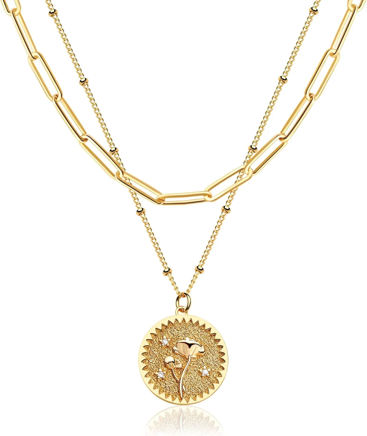 Valloey Rover Gold Layered Coin Necklace for Women Birth Flower Necklace 14K Gold Plated Dainty Carved Floral Pendant Necklace Personalized Engrave Double Layered Month Necklace for Birthday Jewelry
