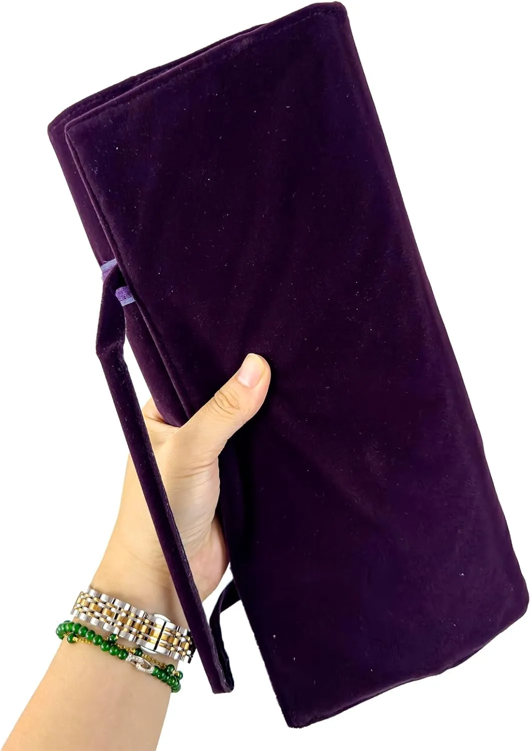 Velvet Travel Jewelry Case Roll Bag Organizer for Necklace, 9 Zipped Grids, Purple
