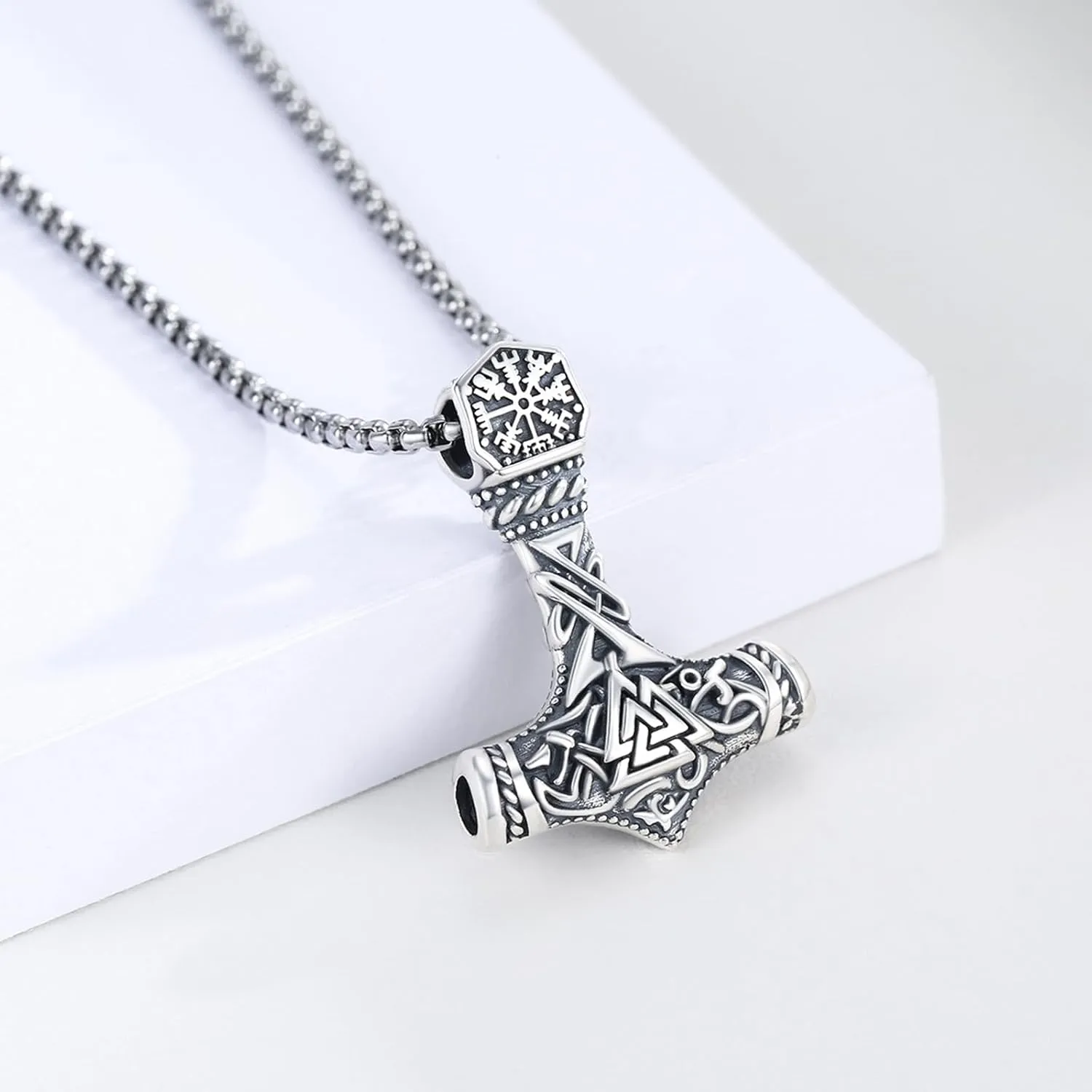 Viking Thor Hammer Necklace 925 Sterling Silver Norse Thor Hammer Pendant,Gold Black Nordic Mjolnir Amulet Necklace Jewelry for Men with 22 2 in Chain