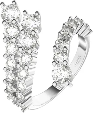 Vintage 925 Sterling Silver Double Row Promise Rings for Her, Platinum/14k Gold Plated Women's Simulated Diamond Adjustable Engagement Rings