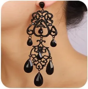 Vintage Black Rhinestone Dangle Drop Earrings Art Deco Vintage Style Chandelier Earrings Black Beads Rhinestone Statement Earrings Halloween Dangle Drop Earrings