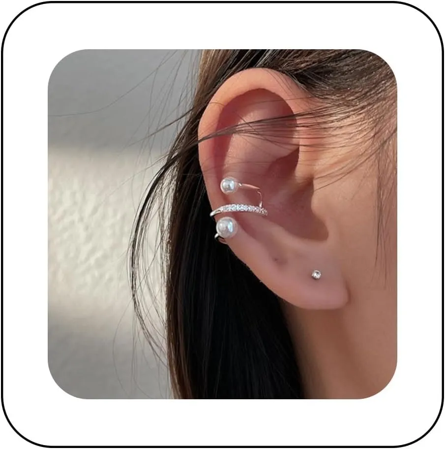 Vintage Crystal Pearl Cuff Wrap Earrings Silver Crystal Ear Cuff Earrings CZ Cuff Hoop Earrings Rhinestone Ear Climber Crawler Earrings Non Piercing Ear Clip Earrings Jewelry for Women