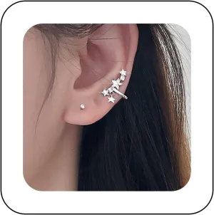 Vintage Crystal Star Cuff Wrap Earrings Silver Crystal Ear Cuff Earrings Rhinestone Star Ear Climber Crawler Earrings Non Piercing Ear Clip Earrings Jewelry for Women(Left)