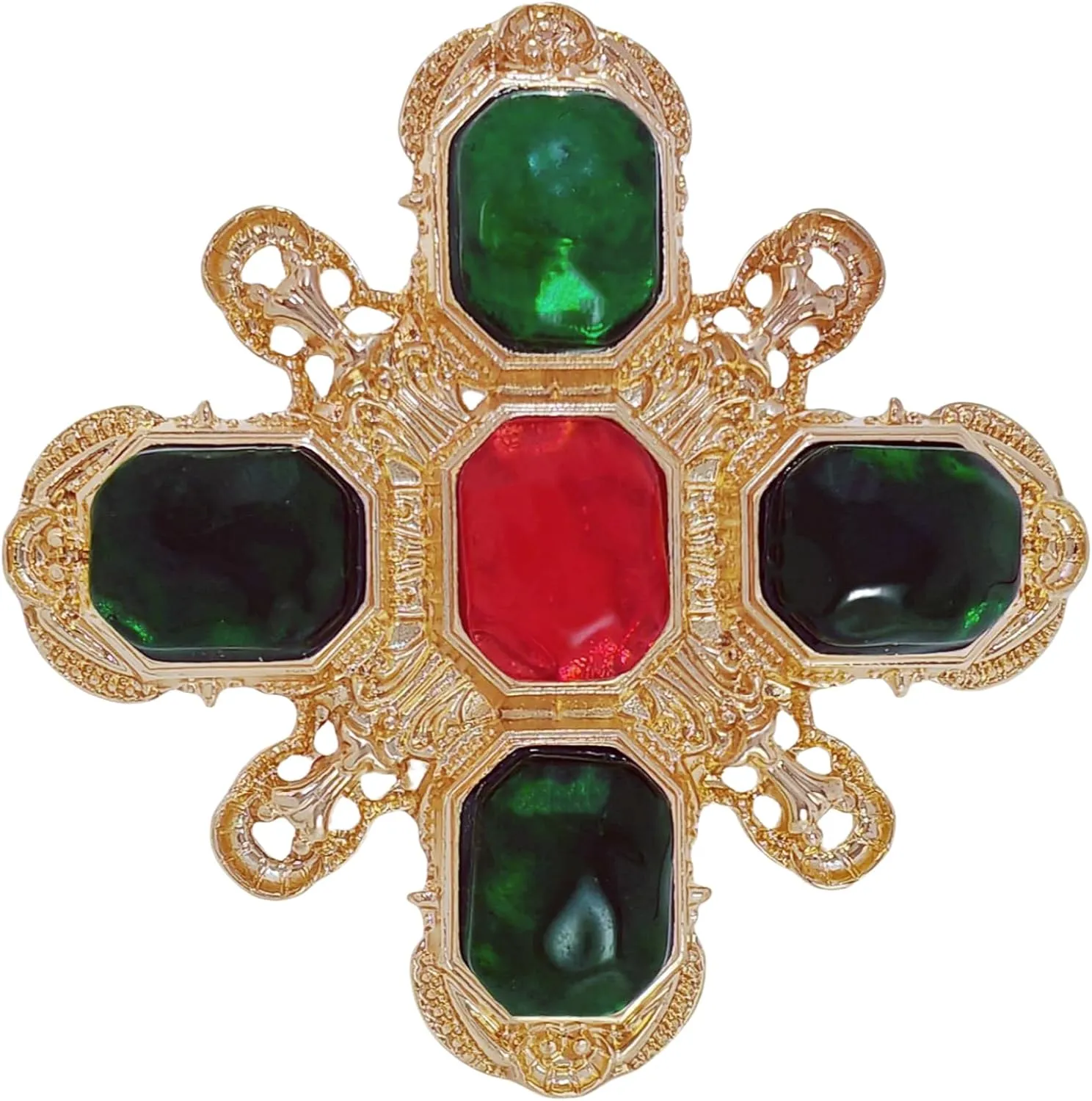 Vintage Green and Red Maltese Cross Brooch Pin  Baroque Jewelry with Gold Tone Finish and Imitation Cabochons  Old European Vintage Style