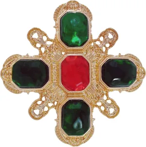 Vintage Green and Red Maltese Cross Brooch Pin  Baroque Jewelry with Gold Tone Finish and Imitation Cabochons  Old European Vintage Style