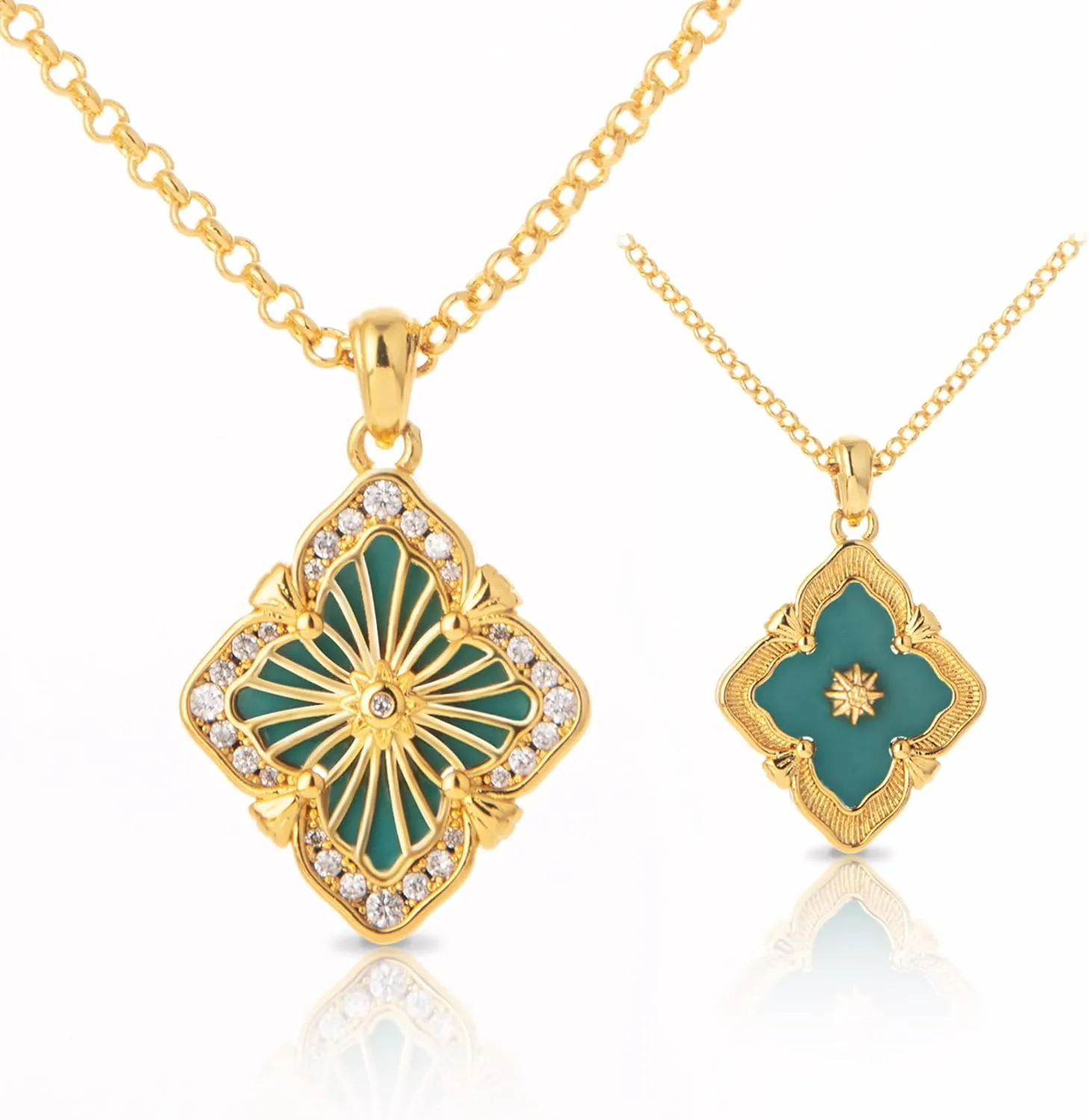 Vintage Jewelry for Women, Double-Sided Gold Clover Necklace 18K Plated with Gemstone, Mother of Pearl Inlaid, Vintage Necklace Set