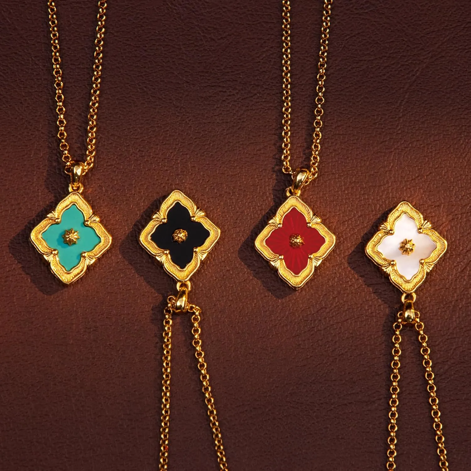 Vintage Jewelry for Women, Double-Sided Gold Clover Necklace 18K Plated with Gemstone, Mother of Pearl Inlaid, Vintage Necklace Set