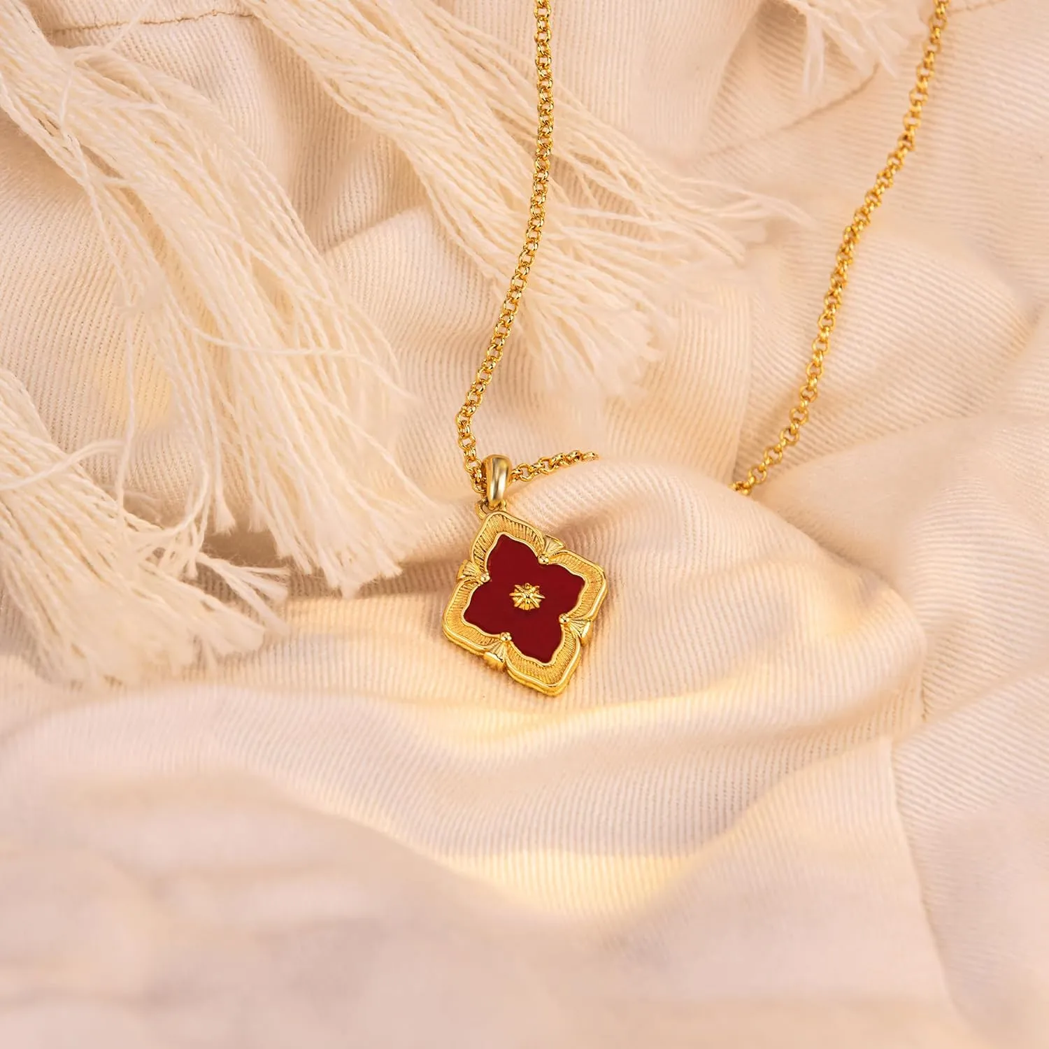 Vintage Jewelry for Women, Double-Sided Gold Clover Necklace 18K Plated with Gemstone, Mother of Pearl Inlaid, Vintage Necklace Set
