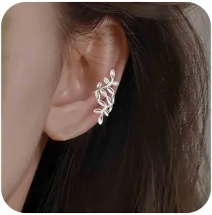 Vintage Leaf Cuff Wrap Earrings Silver Leaf Ear Cuff Earrings Leaf Ear Climber Earrings Leaves Ear Crawler Earrings Non Piercing Ear Clip Earrings Jewelry for Women