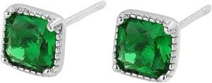 Vintage Minimalist 925 Sterling Silver Emerald Green Cubic Zirconia Square Stud Earrings for Women, Gold/Silver Plated Edge, Elegant Jewelry Gift