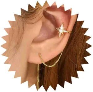 Vintage Northstar Threader Earrings Rhinestones Starburst Ear Cuff Earrings Long Chain Tassel Threader Drop Earring Gold Cuff Star Threader Earrings Jewelry for Women