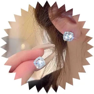 Vintage Square Cubic Zirconia Earrings Round Crystal Stud Earrings Silver Square Halo Earrings Pave Rhinestones Earrings Sparkle Halo Crystal Earrings Jewelry for Women
