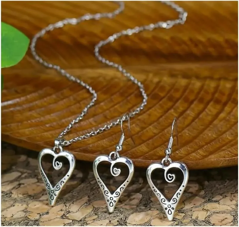 Vintage Style Women's Earrings Necklace 3 Piece Set Antique Silver Drop Shaped Turquoise Pendant