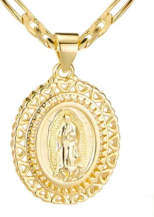 Virgin Mary Necklace for Women, 14K Gold Plated Copper Virgen de Guadalupe Charm Pendant, Valentine Mother's Day Our Lady Blessed Christian Catholic Gifts for Her with Jewelry Box Figaro Chain