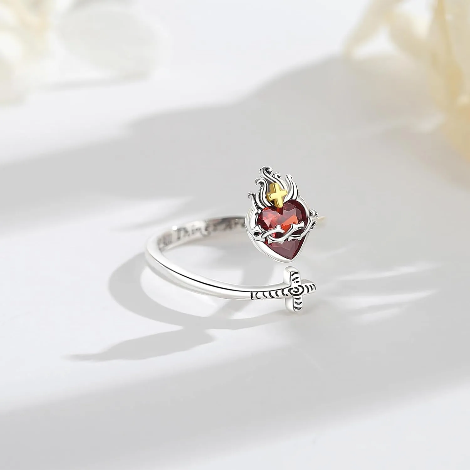 Vito 925 Sterling Silver Cross Ring for Women, Christian Blessed Cross Ichthus Rings Adjustable Sacred Heart Faith Jewelry Gift