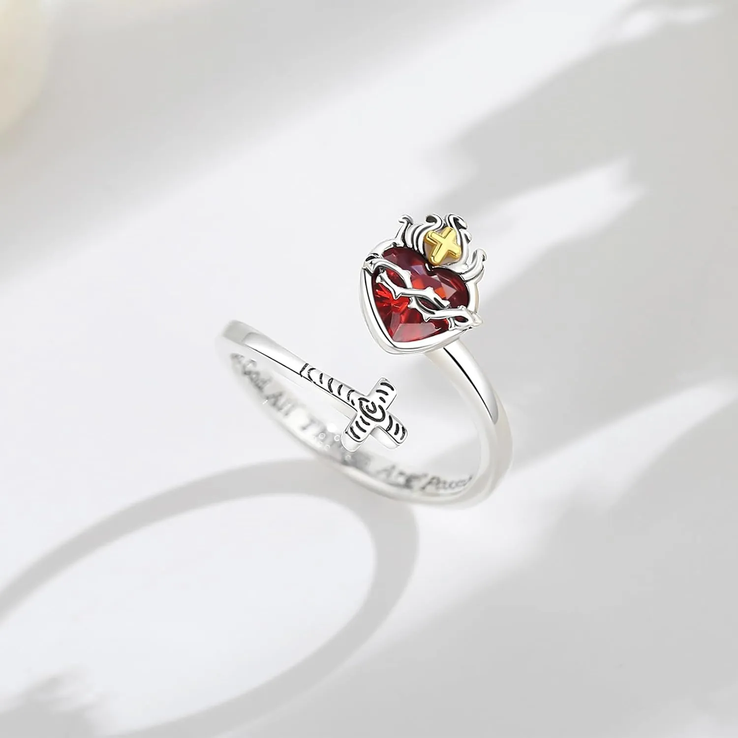 Vito 925 Sterling Silver Cross Ring for Women, Christian Blessed Cross Ichthus Rings Adjustable Sacred Heart Faith Jewelry Gift